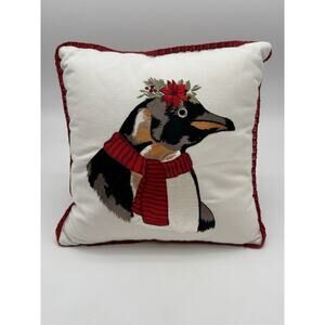 Pier 1 Christmas Penguin Embroidered 12" Throw Pillow Zipper Removable Cover